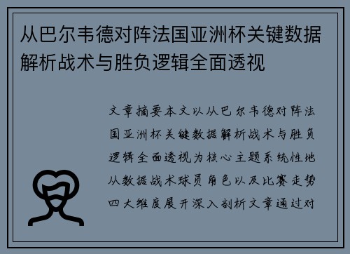 从巴尔韦德对阵法国亚洲杯关键数据解析战术与胜负逻辑全面透视